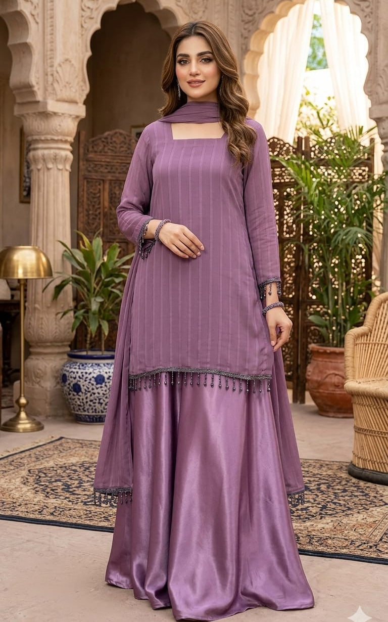 ZARQA — Purple 3-Piece Embroidered Chiffon Garara Set