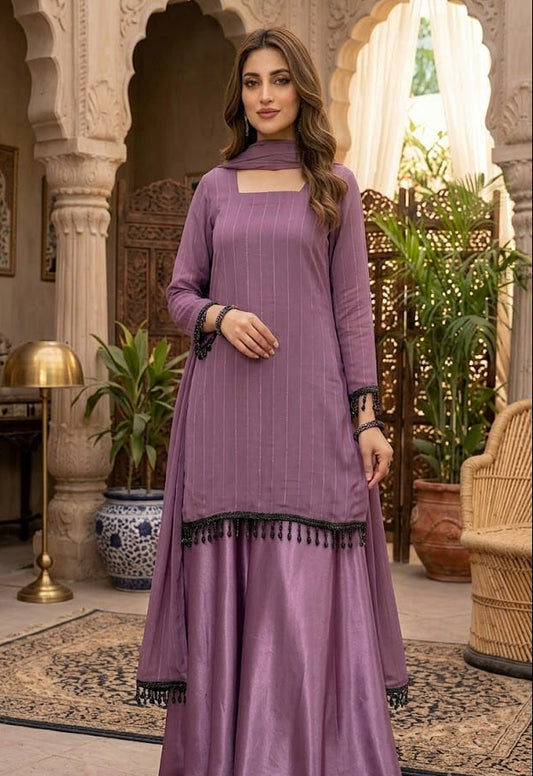 ZARQA — Purple 3-Piece Embroidered Chiffon Garara Set