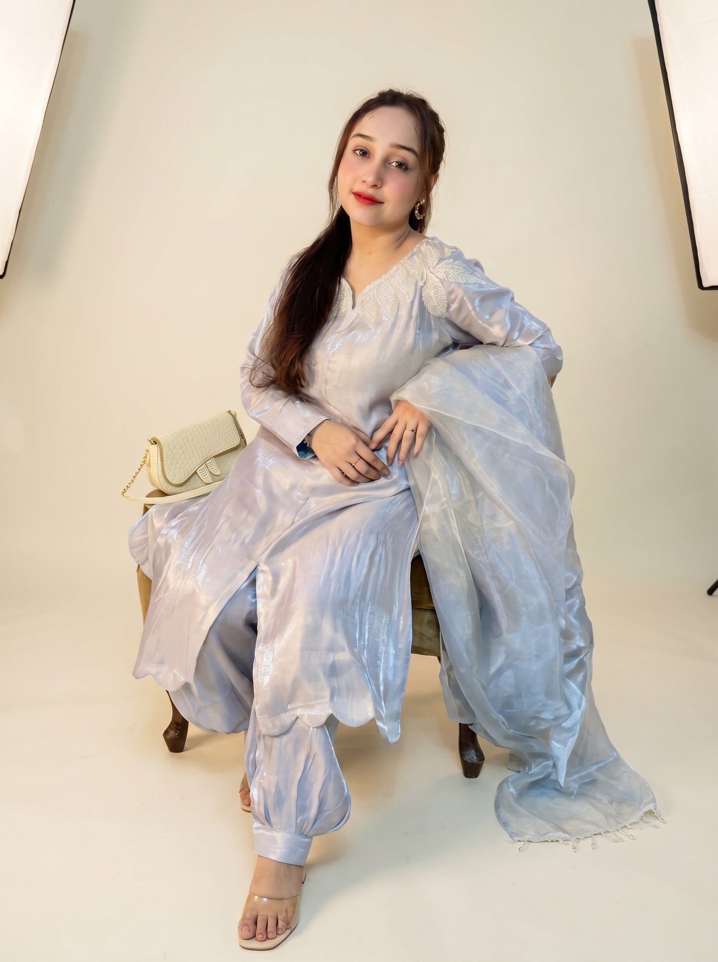 Grey Silver Sheesha Silk Suit with Organza Dupatta & Patiala Shalwar