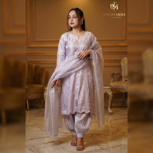Grey Silver Sheesha Silk Suit with Organza Dupatta & Patiala Shalwar