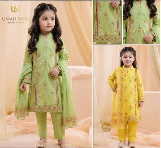 Baby girls green Burashya jacquard lawn 3-piece suit with embroidered dupatta and trousers