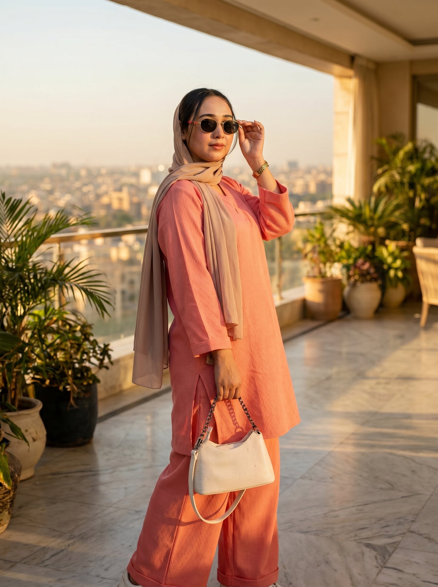 RANGREZ Tea Pink Pure Chiffon Co-Ord Set with Silk Garara & Tassel Dupatta