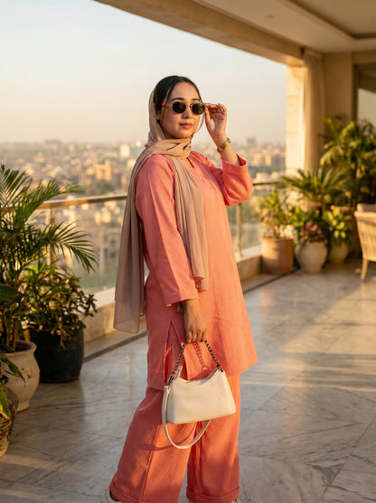 RANGREZ Tea Pink Pure Chiffon Co-Ord Set with Silk Garara & Tassel Dupatta