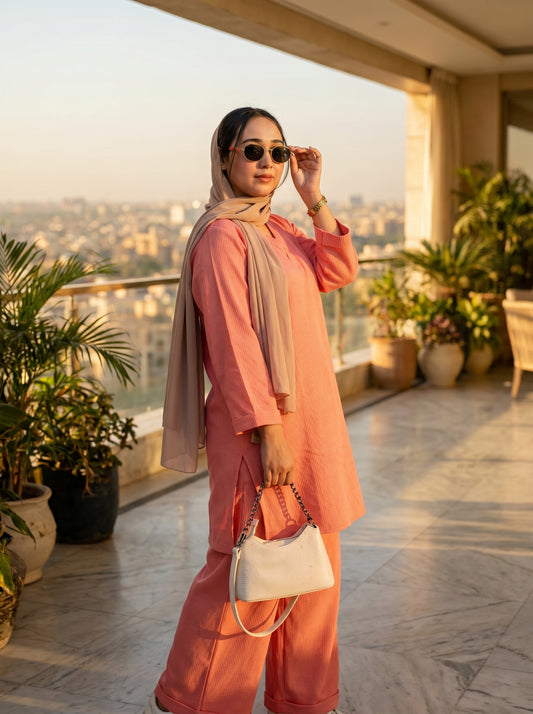 RANGREZ Tea Pink Pure Chiffon Co-Ord Set with Silk Garara & Tassel Dupatta