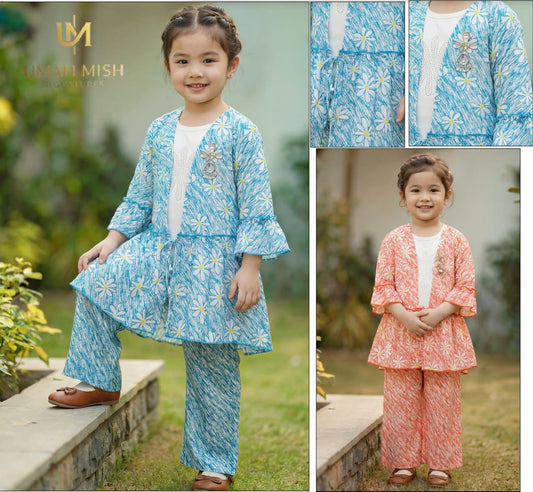 Child wearing a blue floral outfit with inset images of the outfit details and another child in an orange floral outfit.