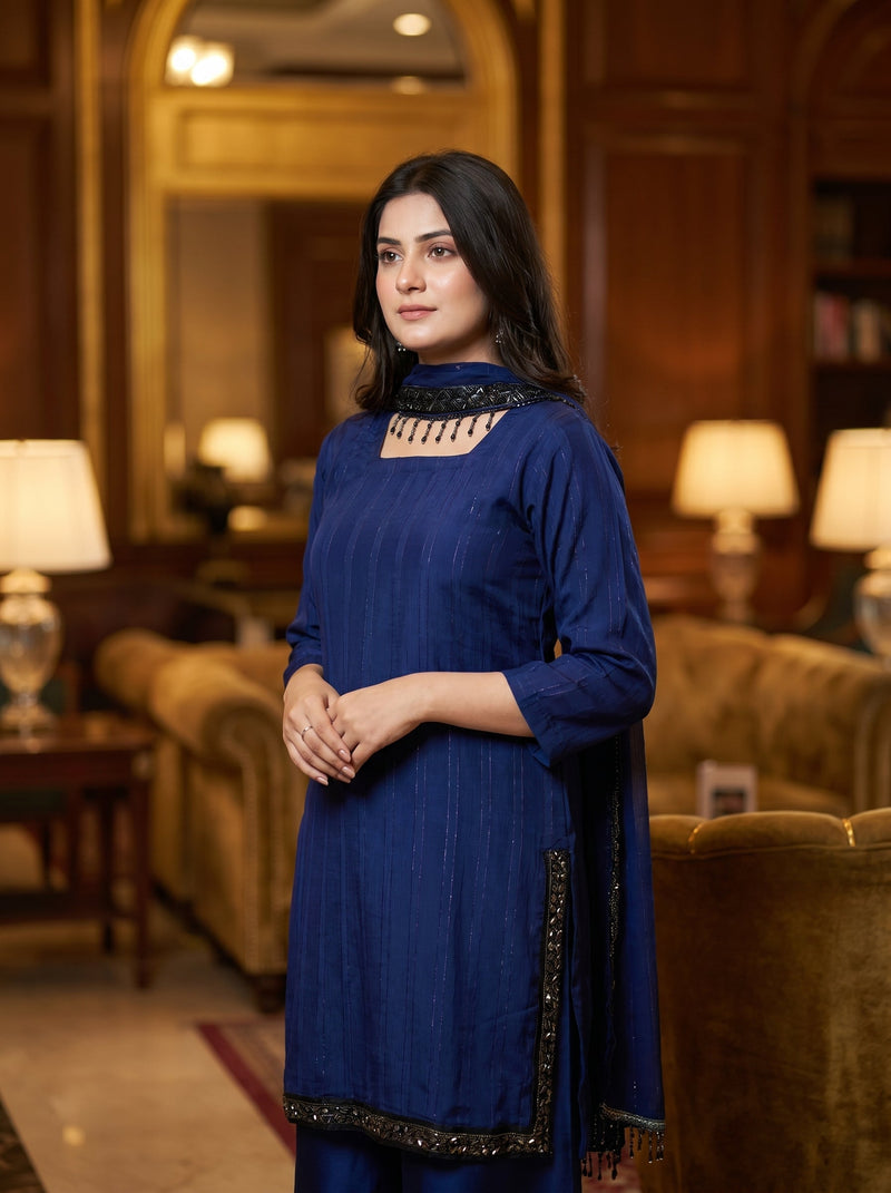 Zarqa blue chiffon garara set with tassel dupatta