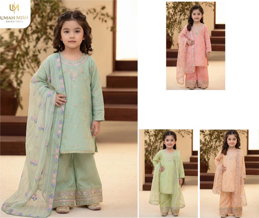 Baby girls pistachio green super fine lawn embroidered 3 piece suit with dupatta