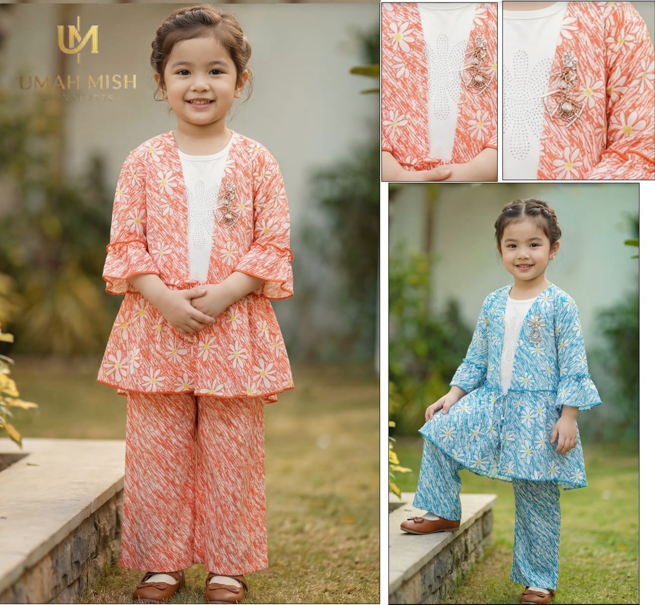 Two children wearing colorful traditional outfits with close-up insets, set against a natural background.
