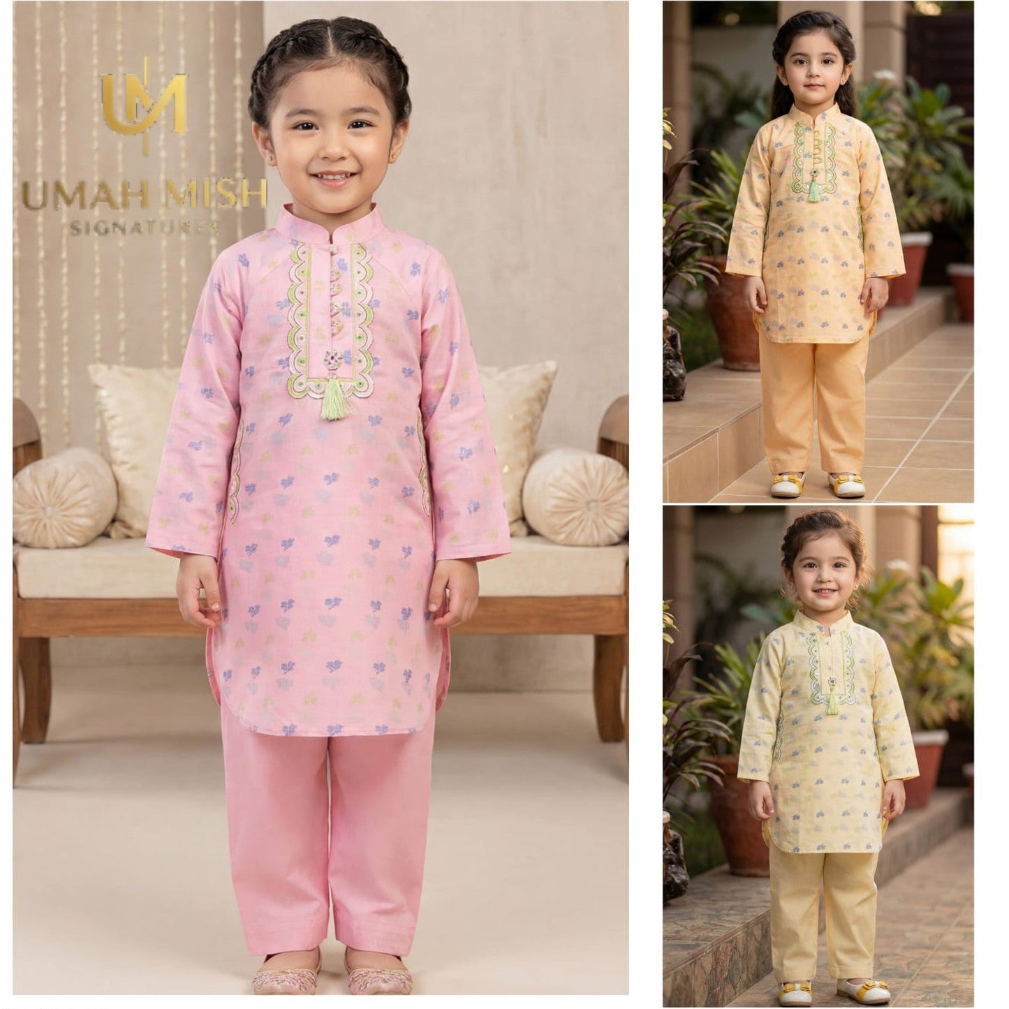 Girl wearing soft pink lawn jacquard kurta and trouser set with delicate motifs and tassel detail.