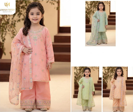 Baby girls peach super fine lawn embroidered 3 piece suit with dupatta
