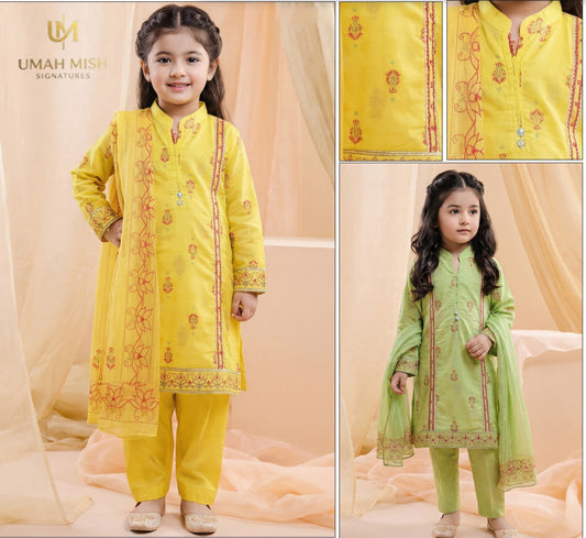 Baby girls yellow Burashya jacquard lawn 3-piece suit with embroidered dupatta and trousers