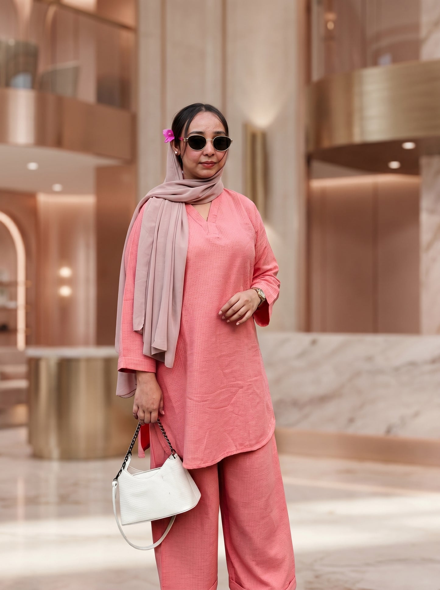 RANGREZ Tea Pink Pure Chiffon Co-Ord Set with Silk Garara & Tassel Dupatta