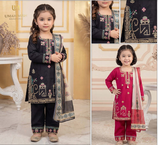 Baby Girls Super Fine Lawn Embroidered 3-Piece Suit with Dupatta – Black & Magenta