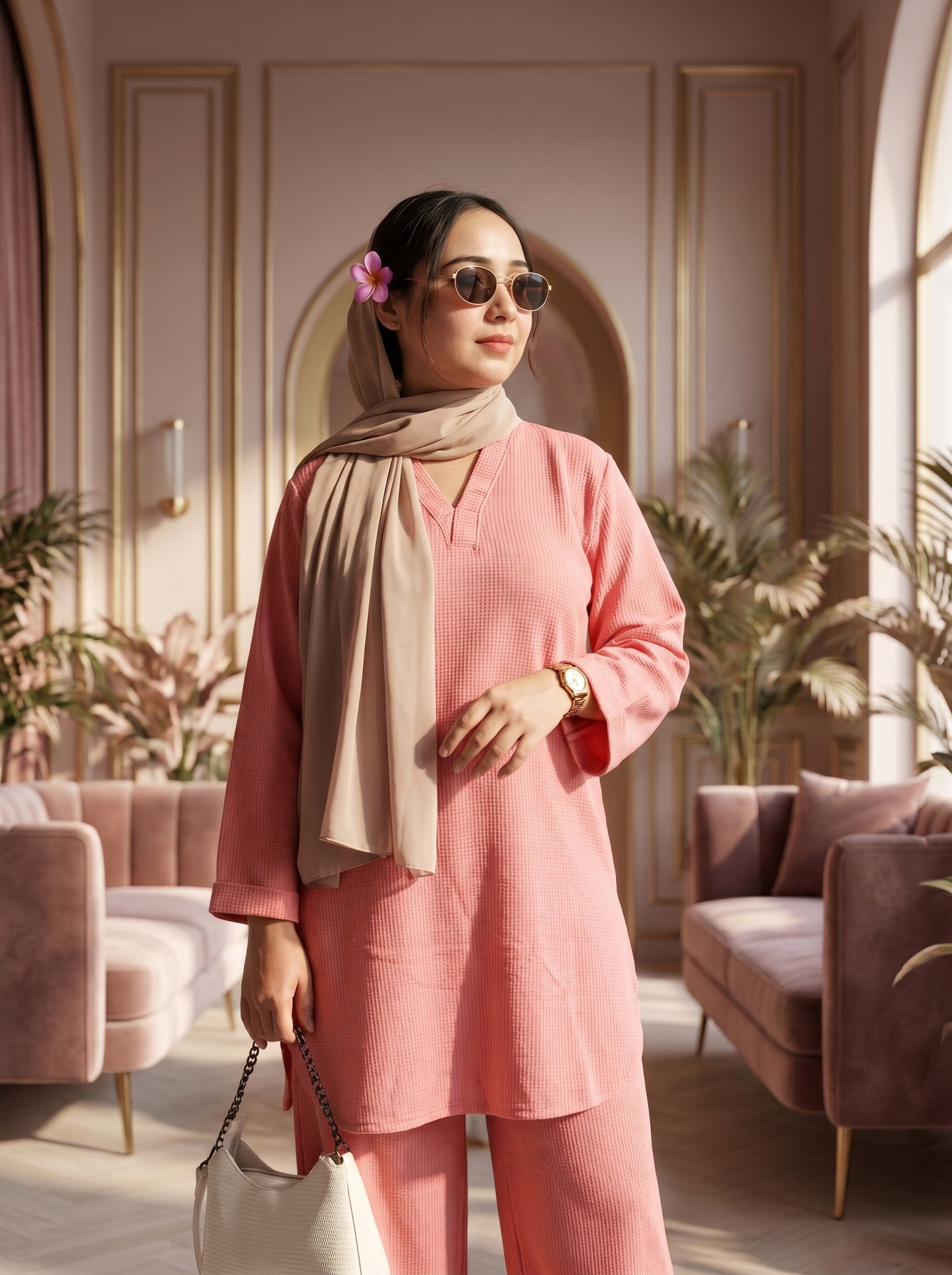 RANGREZ Tea Pink Pure Chiffon Co-Ord Set with Silk Garara & Tassel Dupatta