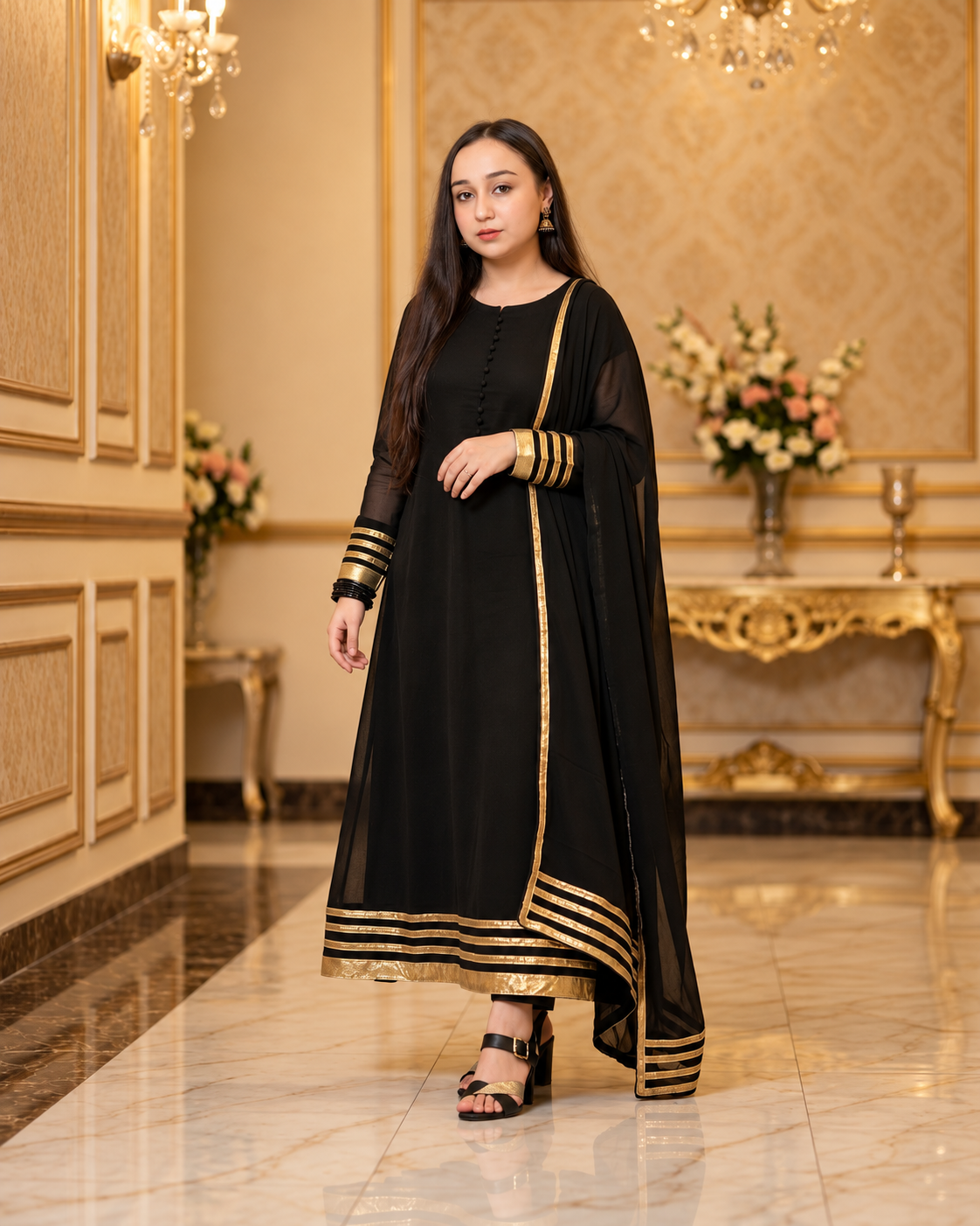 Noor-e-Nazar | Black Chiffon 3-Piece Maxi Frock with Golden Detailing