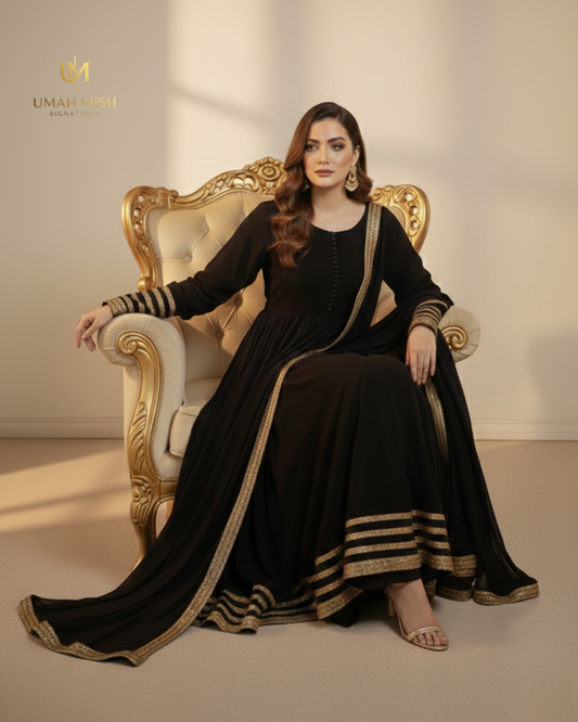 Noor-e-Nazar | Black Chiffon 3-Piece Maxi Frock with Golden Detailing