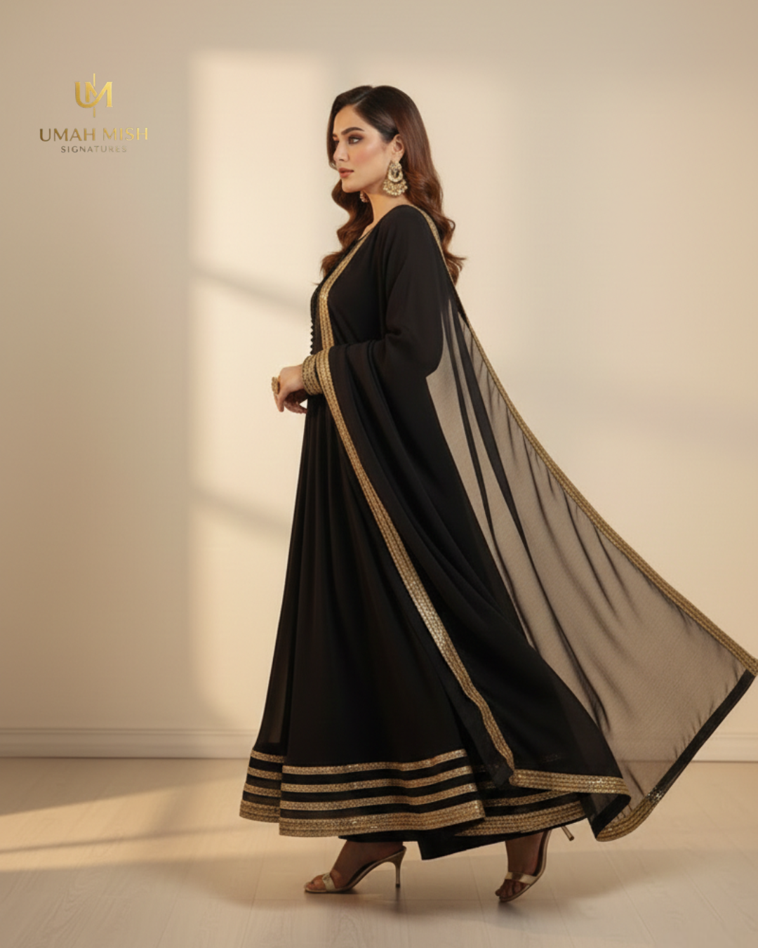 Noor-e-Nazar | Black Chiffon 3-Piece Maxi Frock with Golden Detailing