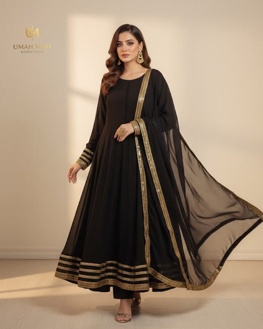 Noor-e-Nazar | Black Chiffon 3-Piece Maxi Frock with Golden Detailing