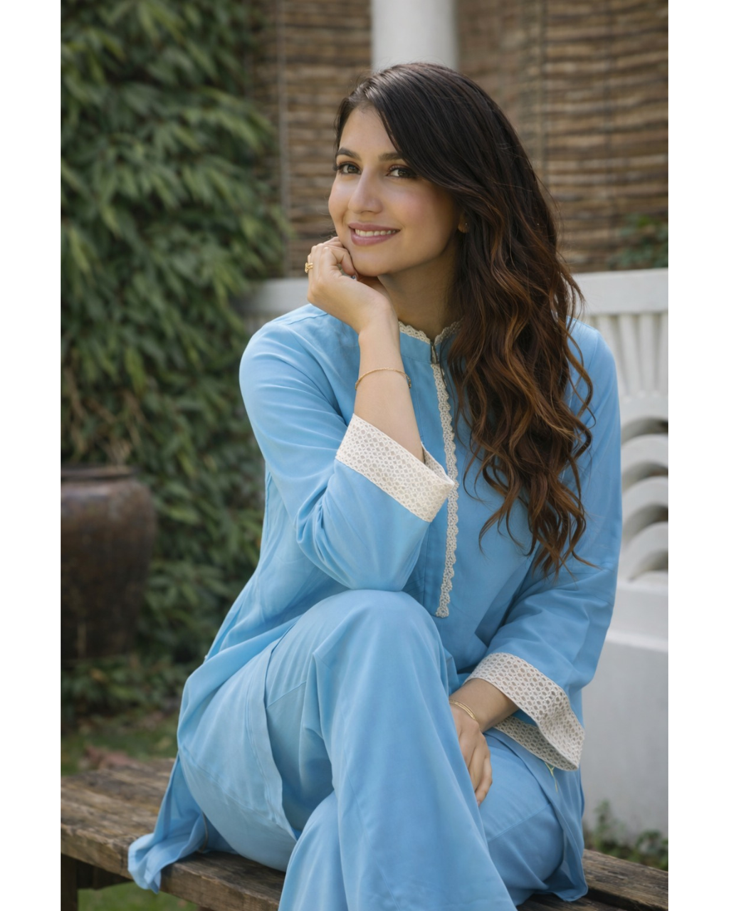 Mahrosh sky blue co-ord set - pintex lace detail