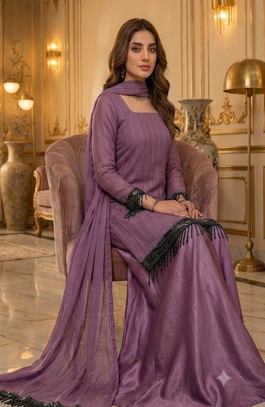 ZARQA — Purple 3-Piece Embroidered Chiffon Garara Set