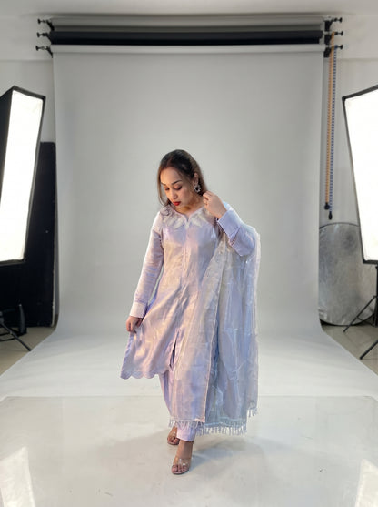 Grey Silver Sheesha Silk Suit with Organza Dupatta & Patiala Shalwar
