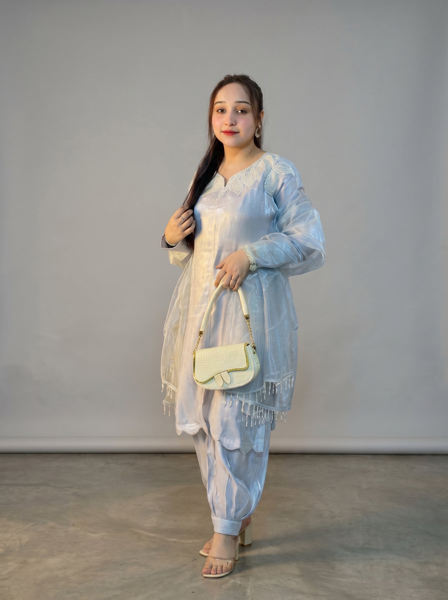 Grey Silver Sheesha Silk Suit with Organza Dupatta & Patiala Shalwar