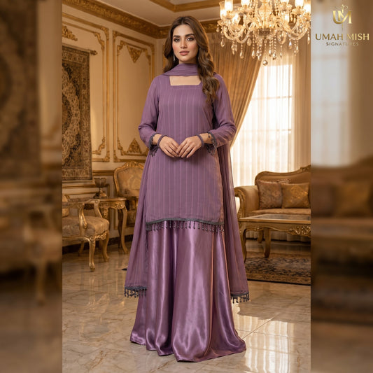 ZARQA — Purple 3-Piece Embroidered Chiffon Garara Set