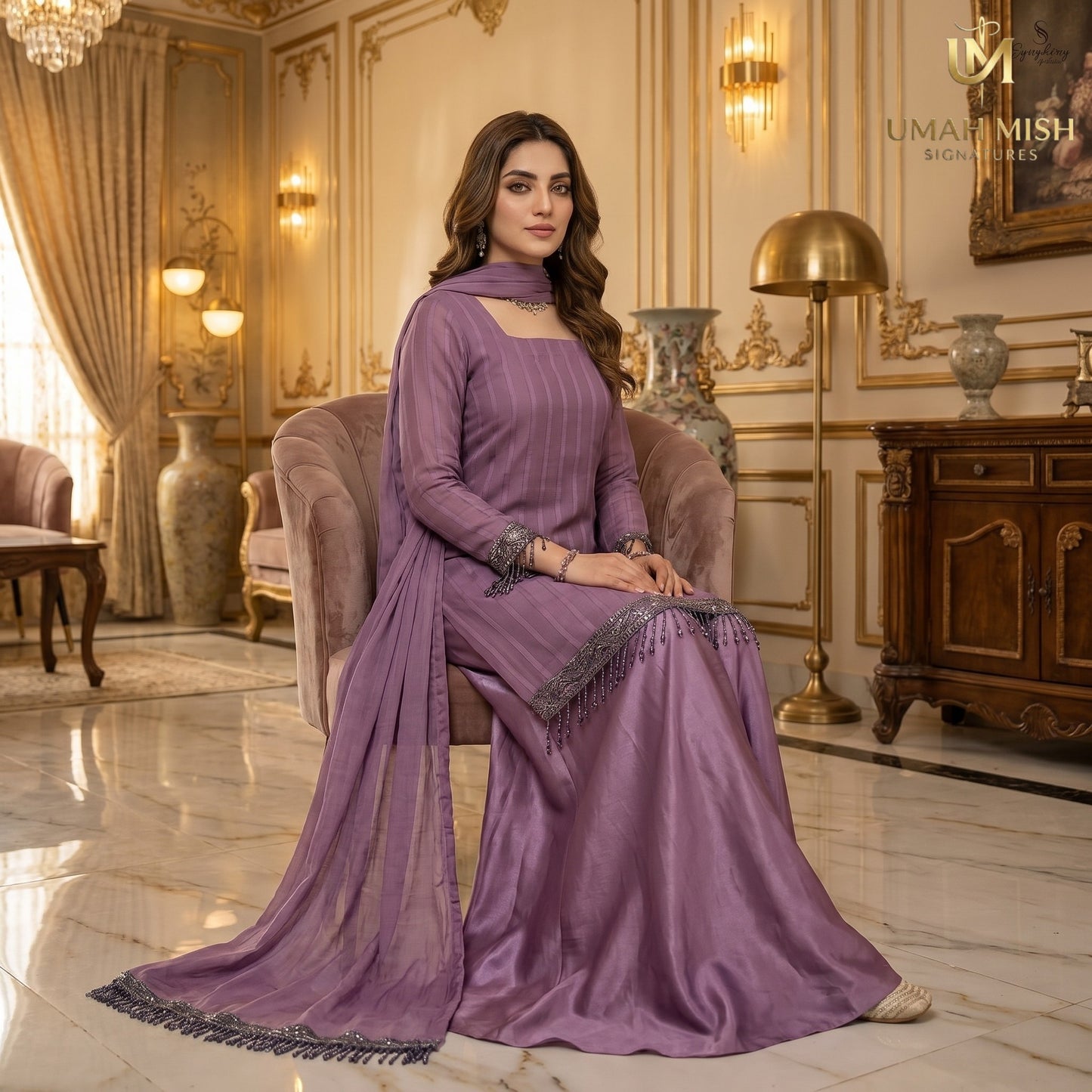 ZARQA — Purple 3-Piece Embroidered Chiffon Garara Set