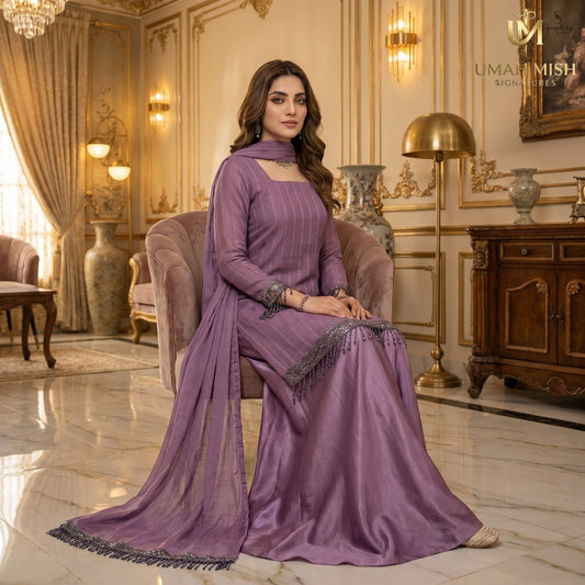 ZARQA — Purple 3-Piece Embroidered Chiffon Garara Set