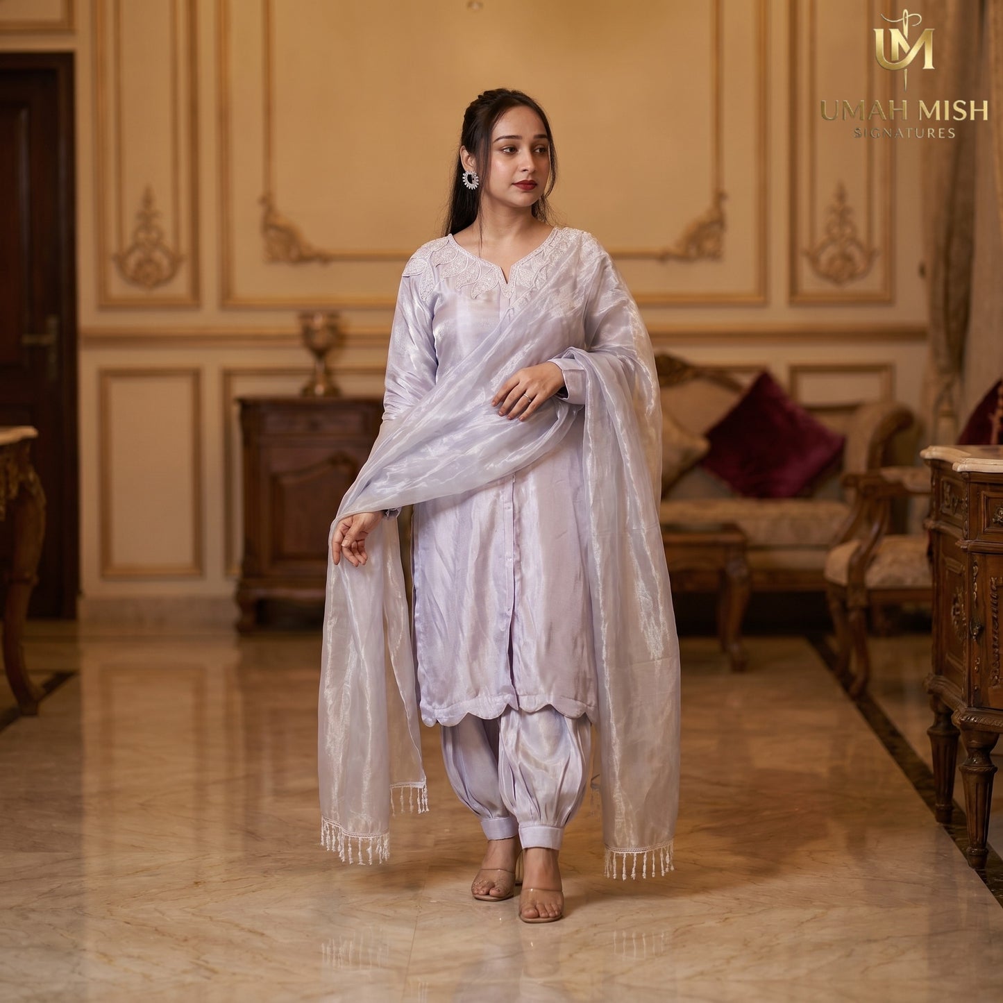 Grey Silver Sheesha Silk Suit with Organza Dupatta & Patiala Shalwar