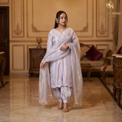 Grey Silver Sheesha Silk Suit with Organza Dupatta & Patiala Shalwar