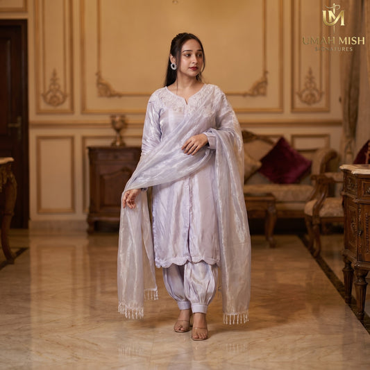 Grey Silver Sheesha Silk Suit with Organza Dupatta & Patiala Shalwar