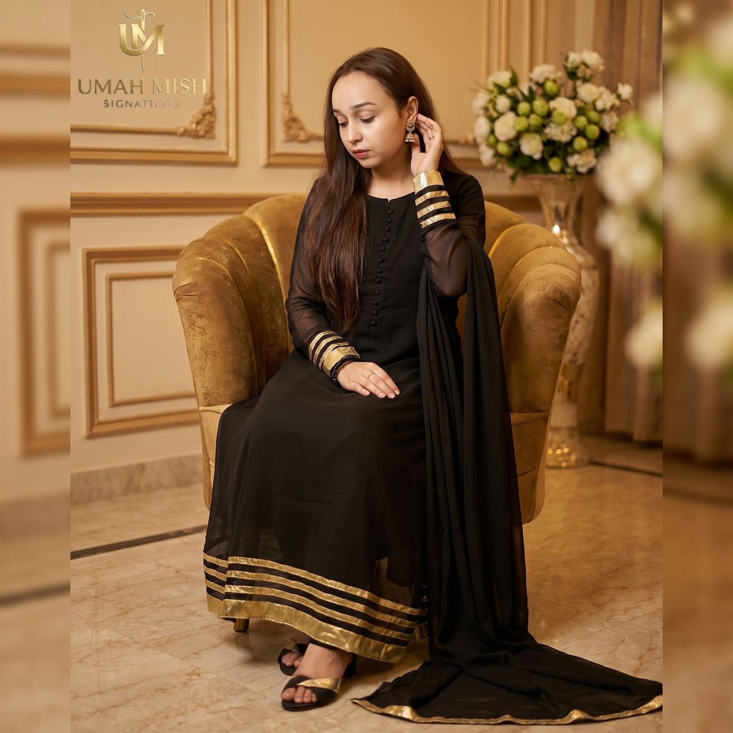 Noor-e-Nazar | Black Chiffon 3-Piece Maxi Frock with Golden Detailing