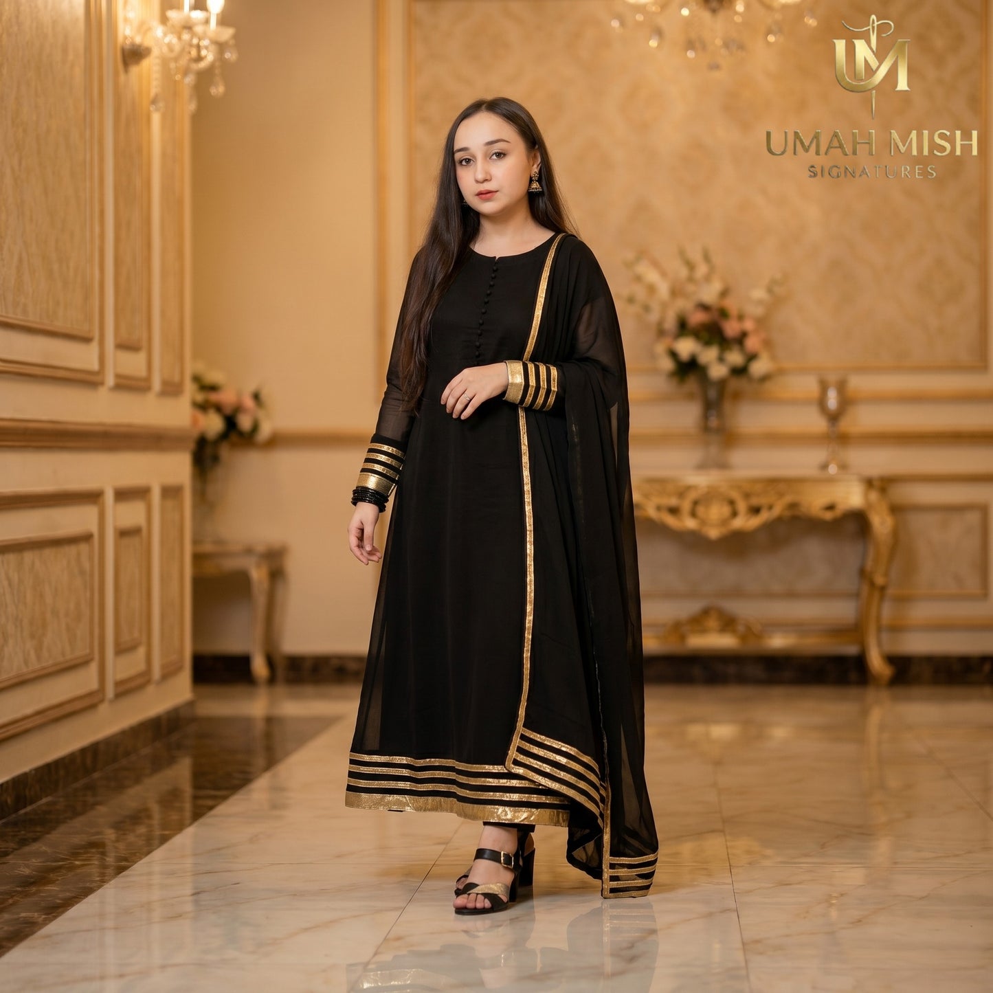 Noor-e-Nazar | Black Chiffon 3-Piece Maxi Frock with Golden Detailing