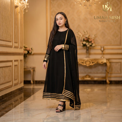 Noor-e-Nazar | Black Chiffon 3-Piece Maxi Frock with Golden Detailing