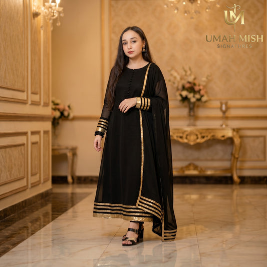 Noor-e-Nazar | Black Chiffon 3-Piece Maxi Frock with Golden Detailing